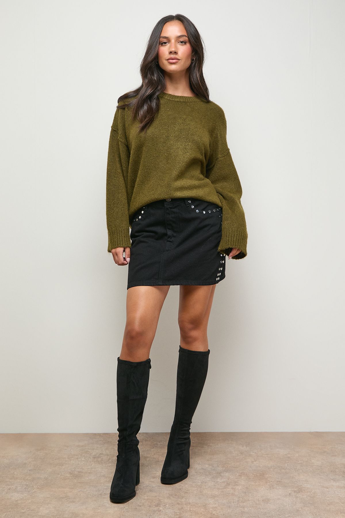 Oasis Florence Faux Suede Platform Block Heel Sock Knee Boots Natural Black image 2