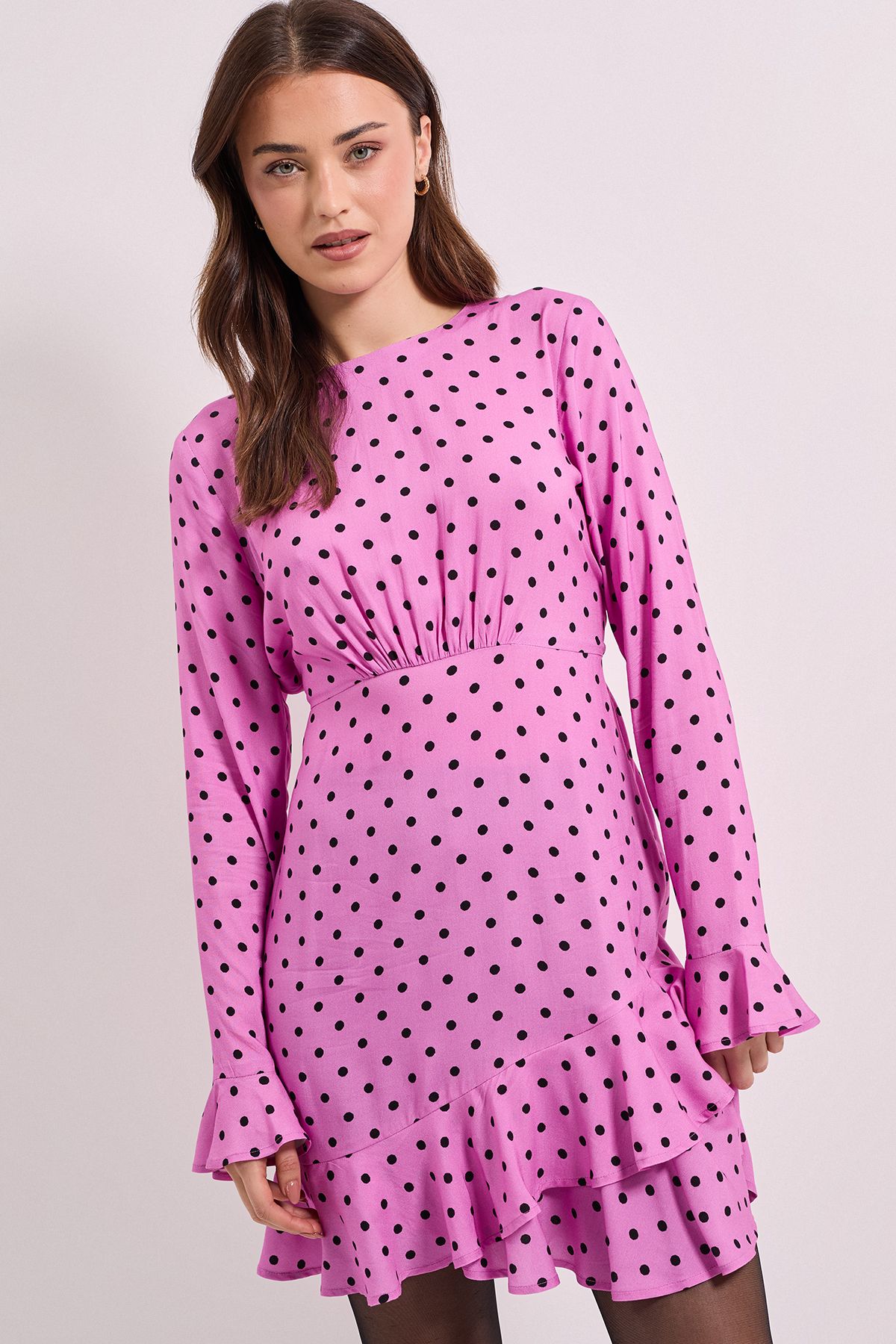 Dorothy Perkins Purple Spot Ruffle Sleeve Frill Detail Printed Mini Dress Purple image 4