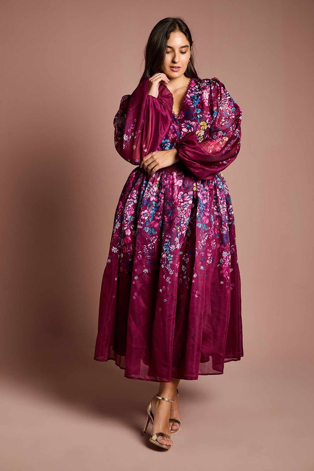 Coast Plus Size Organza Floral Placement Lace Trim Midaxi Dress Plum image 1