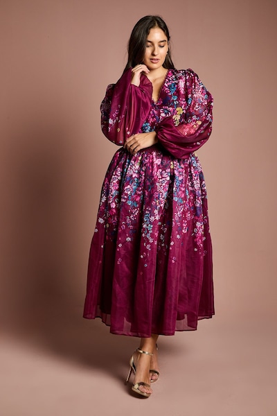 Coast Plus Size Organza Floral Placement Lace Trim Midaxi Dress Plum