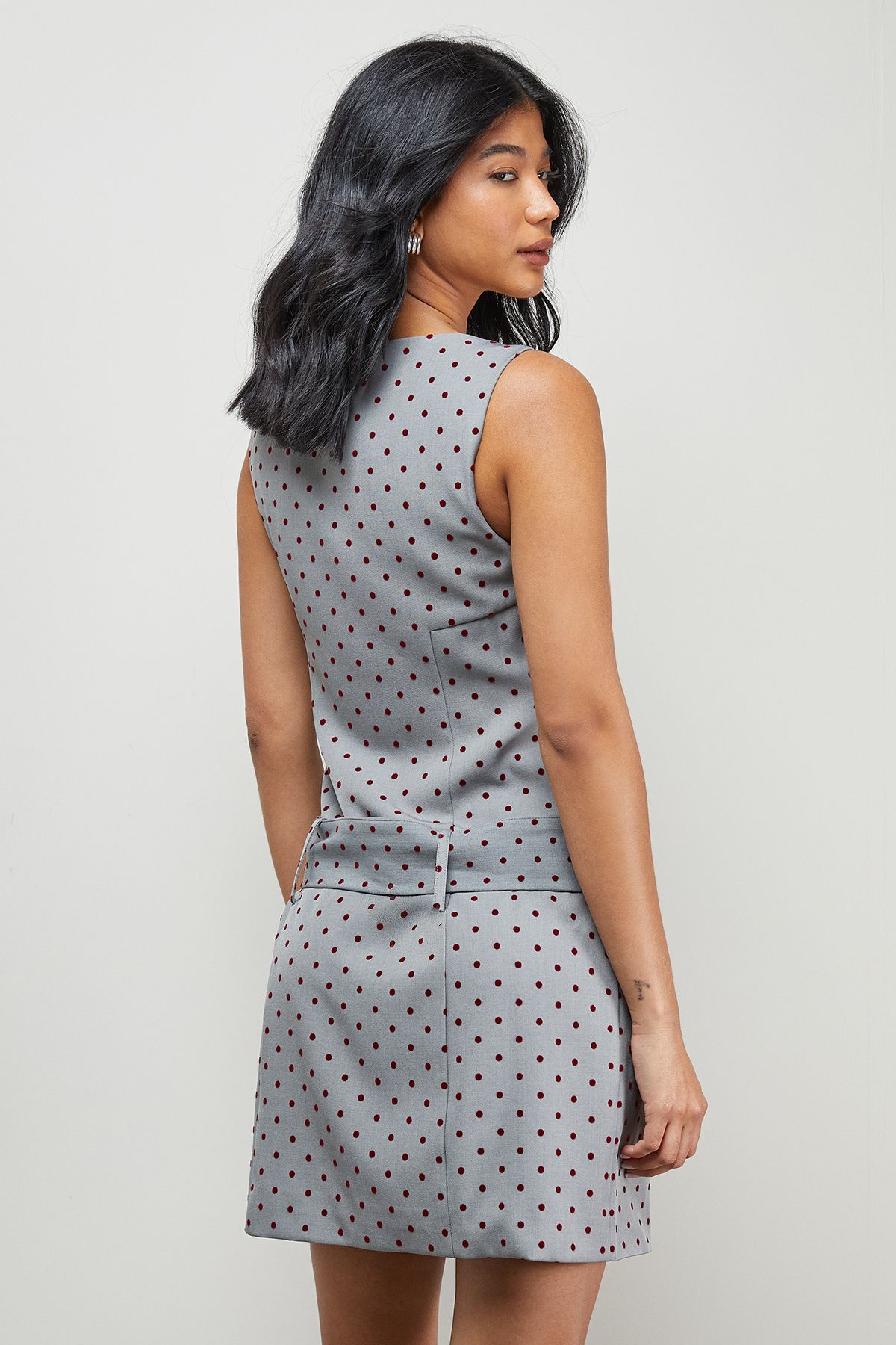 Warehouse Flock Spot Self Belt Mini Dress Grey image 3