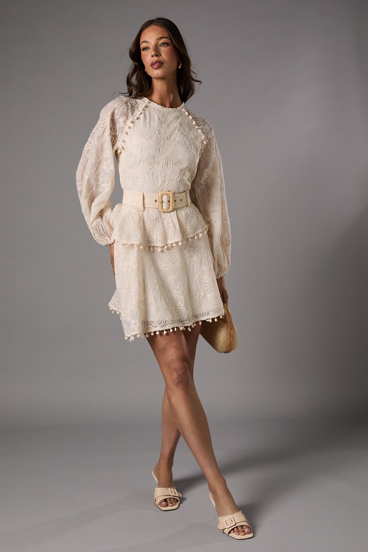 Coast Long Sleeve Tiered Skirt Mini Dress With Belt Cream image 1