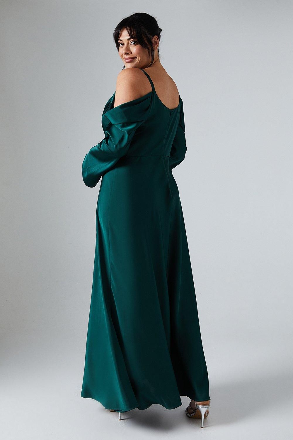 Coast Plus Size Long Sleeve Cowl Neck Satin Bridesmaid Dress Emerald image 3