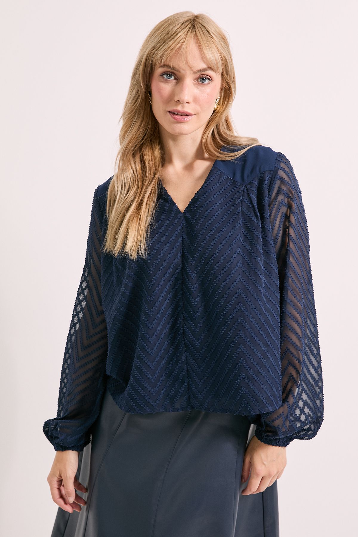 Principles Navy Western Yoke Jacquard Blouse Navy