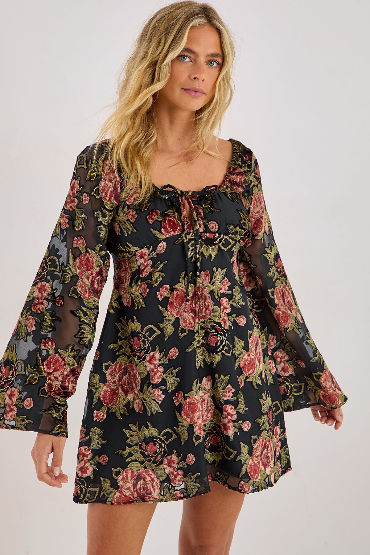 NastyGal Floral Devore Tie Front Fluted Sleeve Mini Dress Black