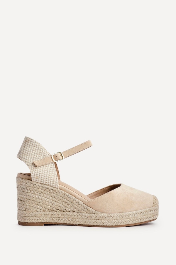 Linzi Present Beige Faux Suede Closed-Toe And Open Back Espadrille Wedge