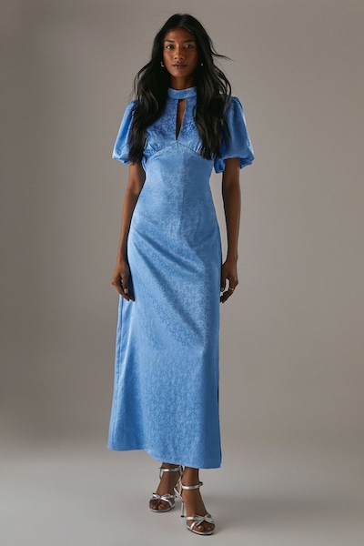 Warehouse Rose Satin Jacquard Puff Sleeve Tie Back Midi Dress Blue