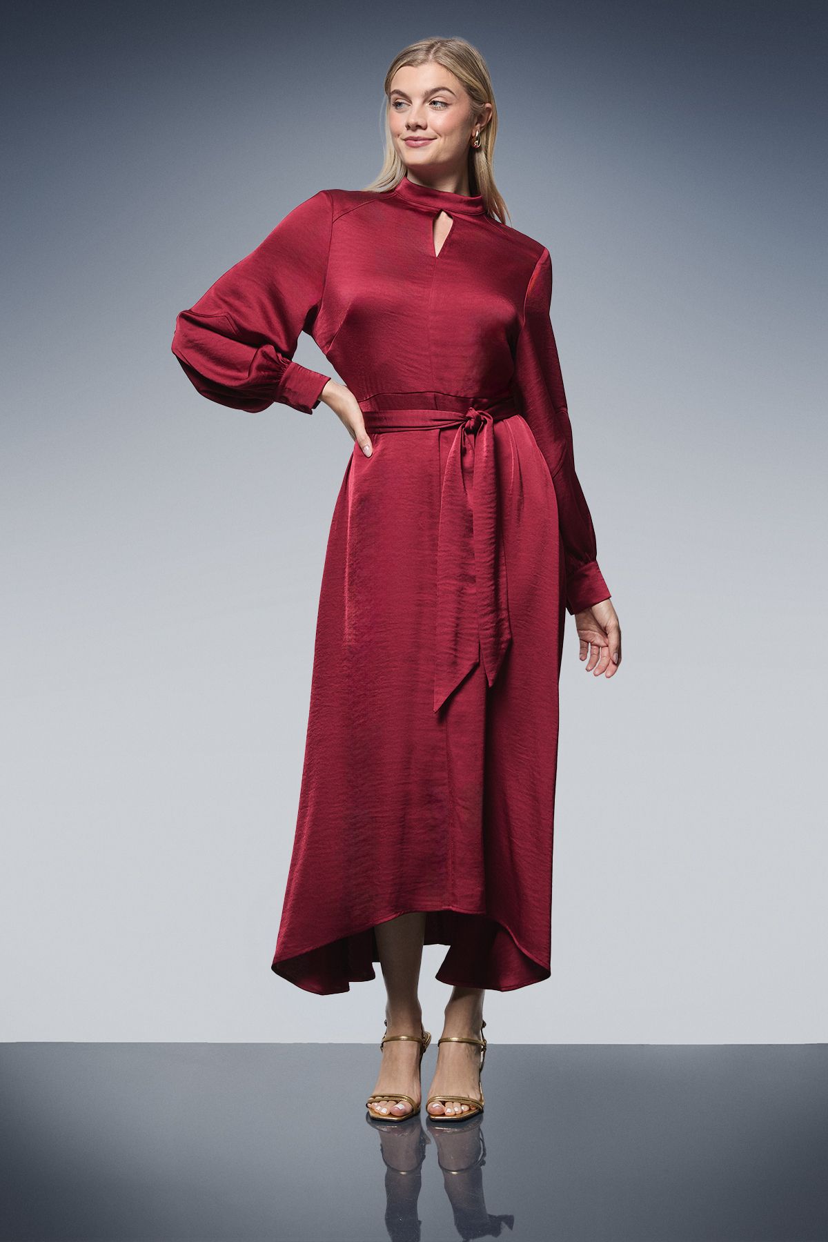 Principles Tie Waist High Neck Satin Midi Dress Wine image 1