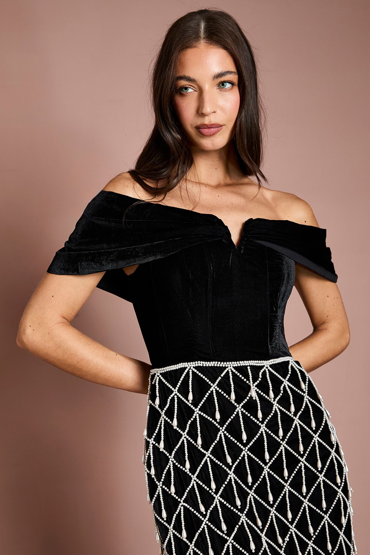 Coast Atelier Velvet Corset Pearl Embellished Maxi Dress Black image 4