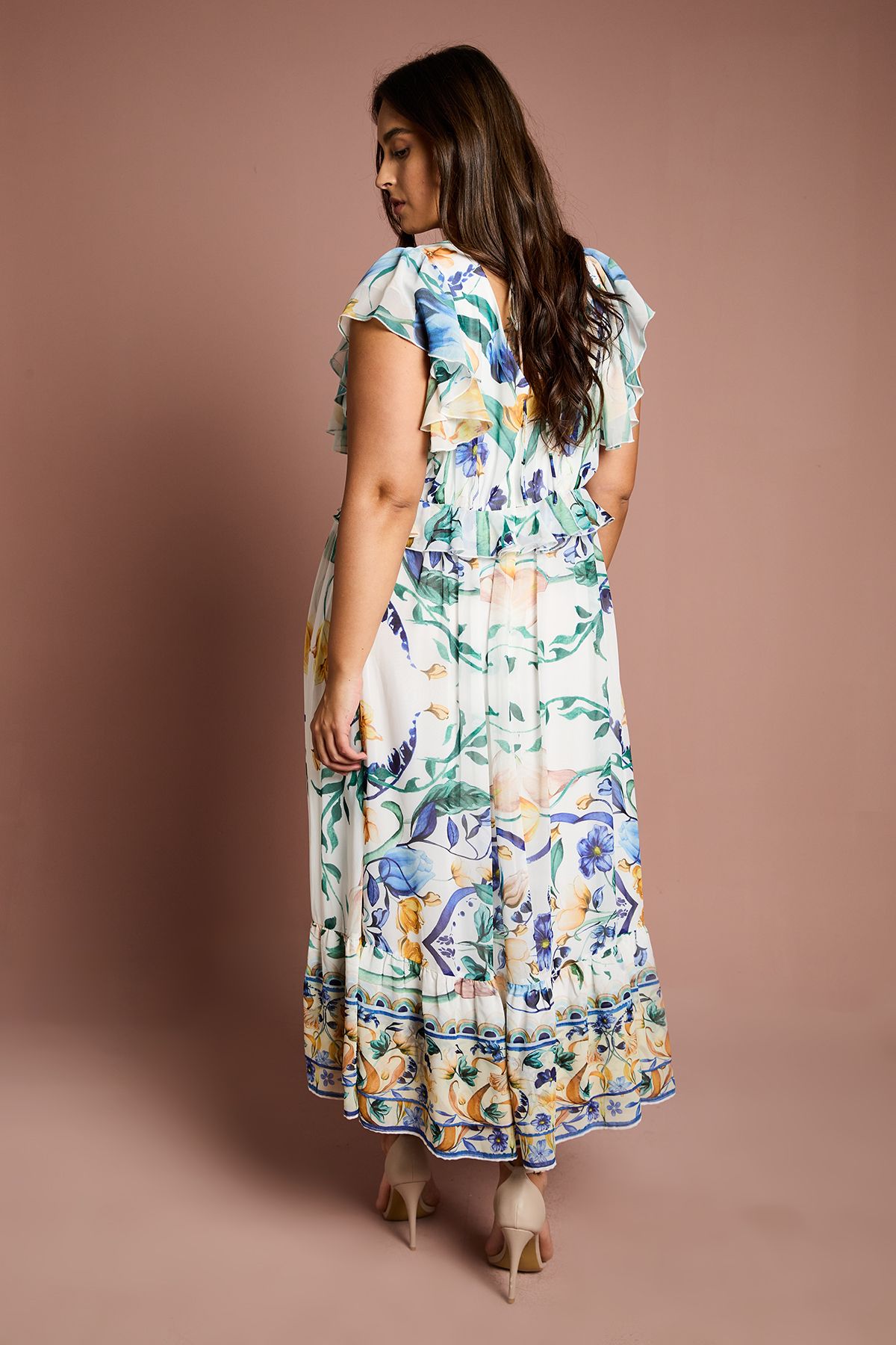 Coast Plus V Neck Flutter Sleeve Printed Midi Dress White image 3