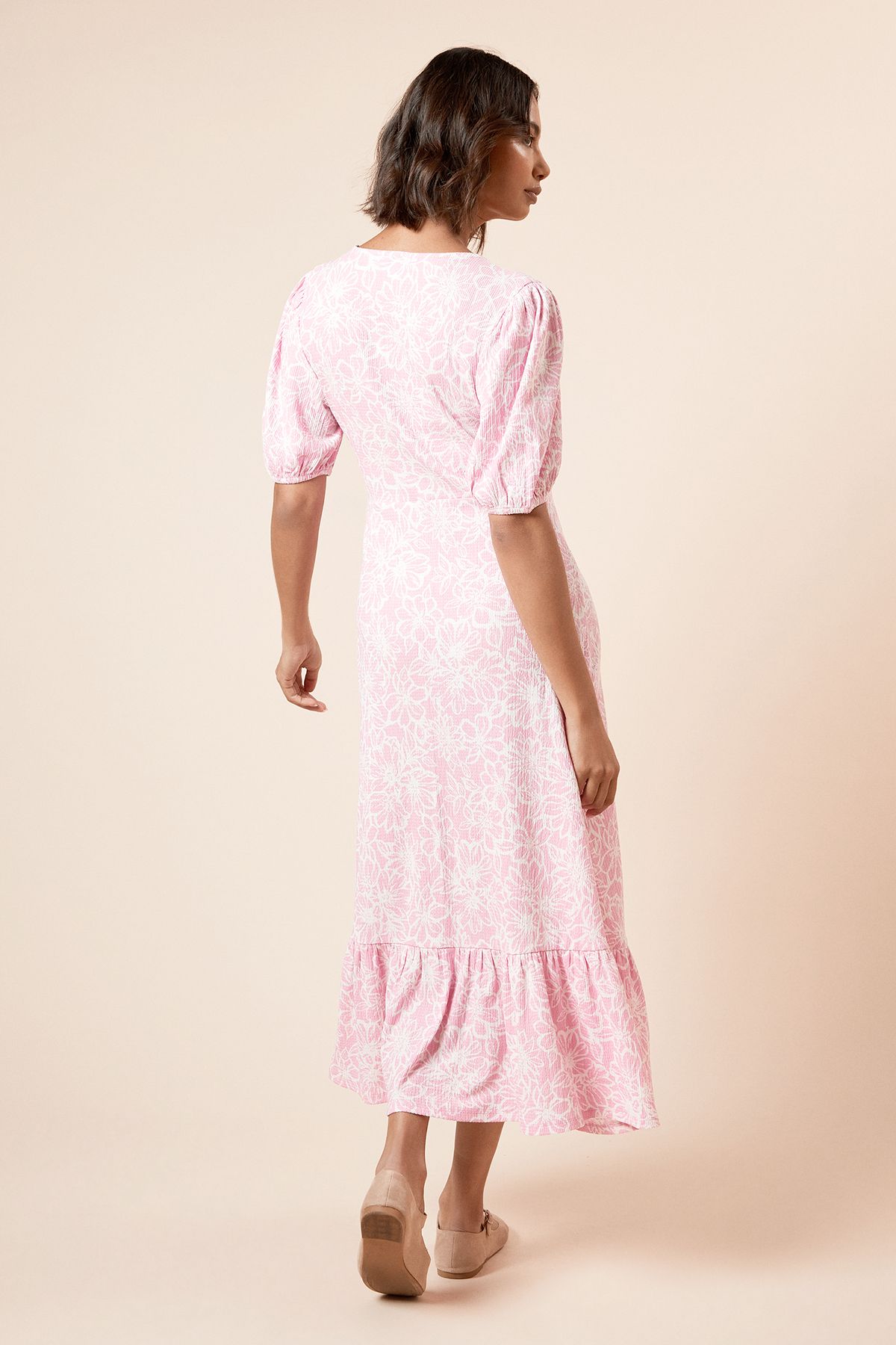 Dorothy Perkins Pink Floral Puff Sleeve Wrap Front Midi Dress Pink image 5
