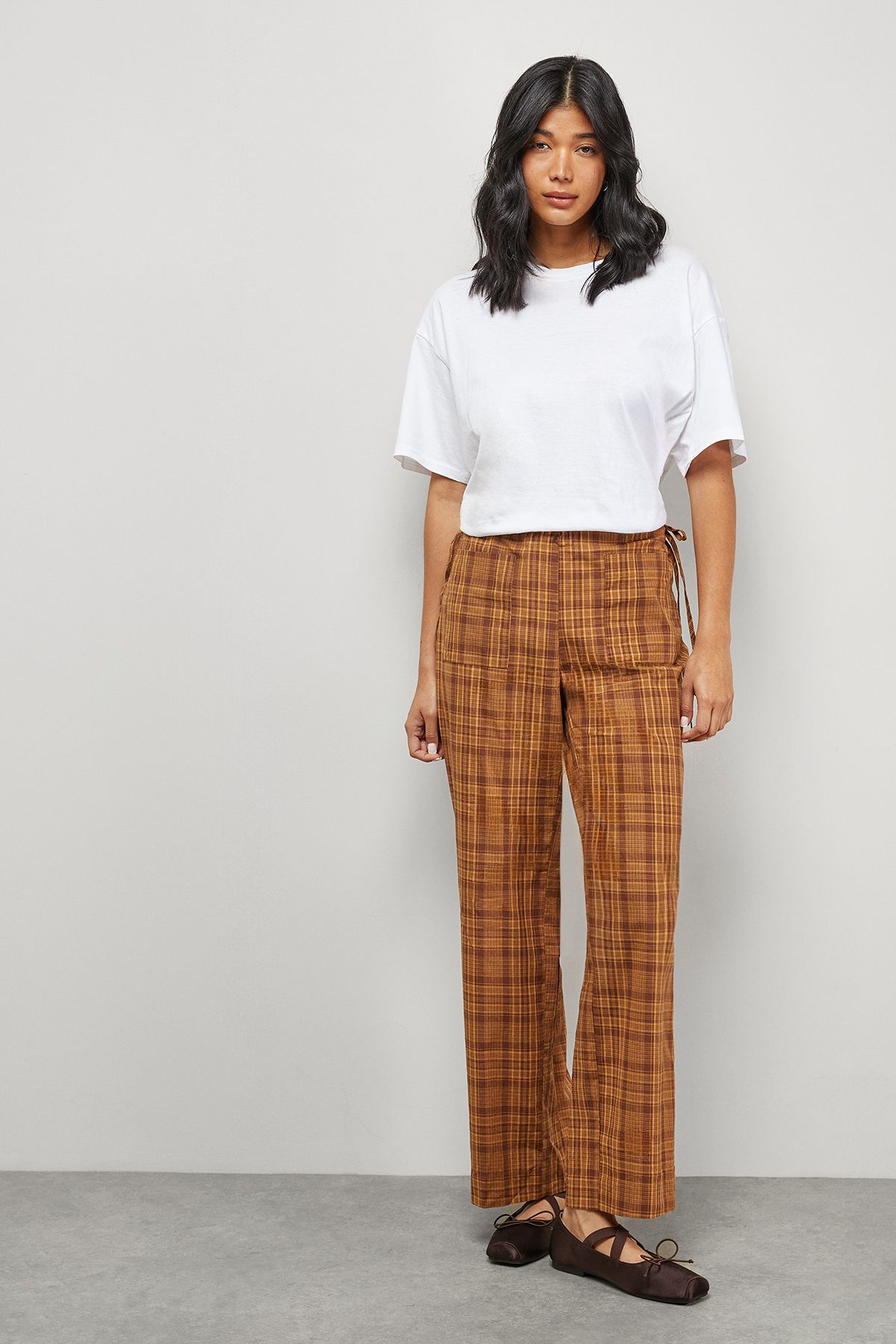 Warehouse Mustard Check Mid Rise Tie Side Pocket Trouser Mustard image 2