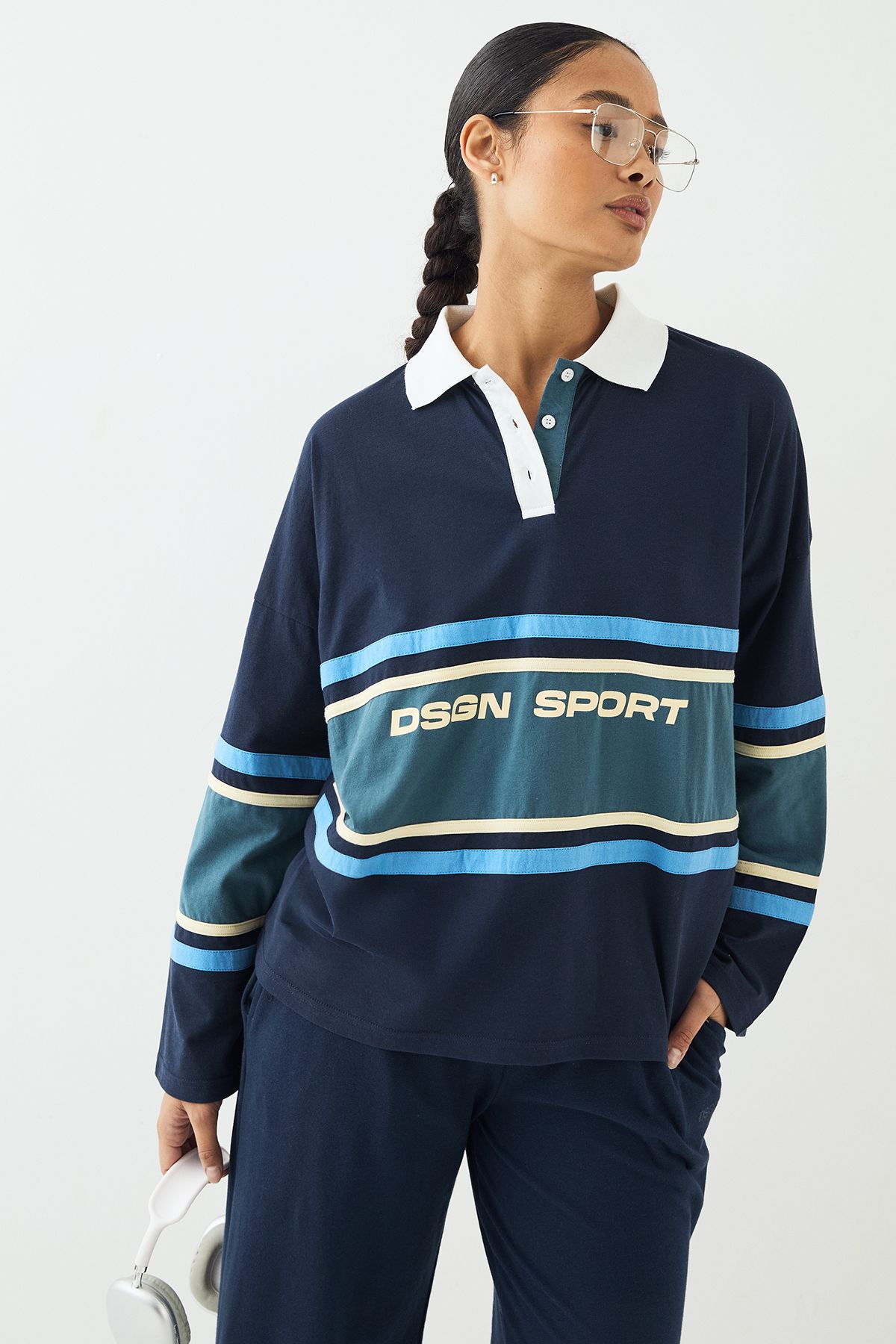 DSGN Studio DSGN Studio Sport Oversized Colour Block Collared Top Navy image 1