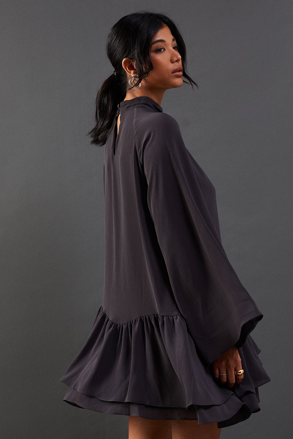 Warehouse Chiffon Drop Hem High Neck Flare Sleeve Mini Swing Dress Grey image 3