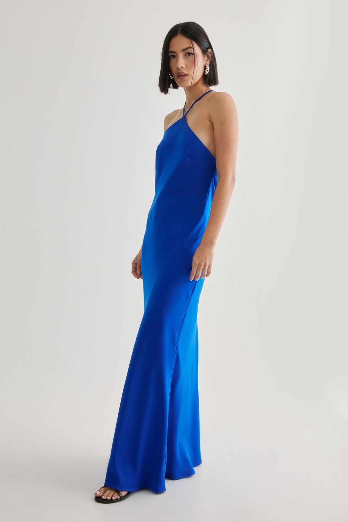 NastyGal Satin Halter Neck Cowl Back Maxi Dress Cobalt image 3