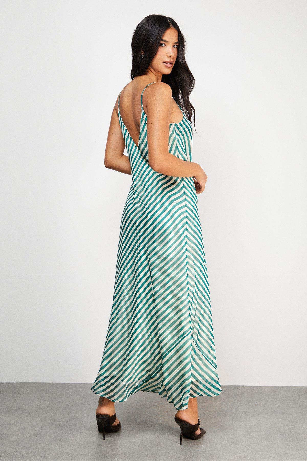 Warehouse Chiffon Stripe Cowl Bias Strappy Maxi Dress Green image 3
