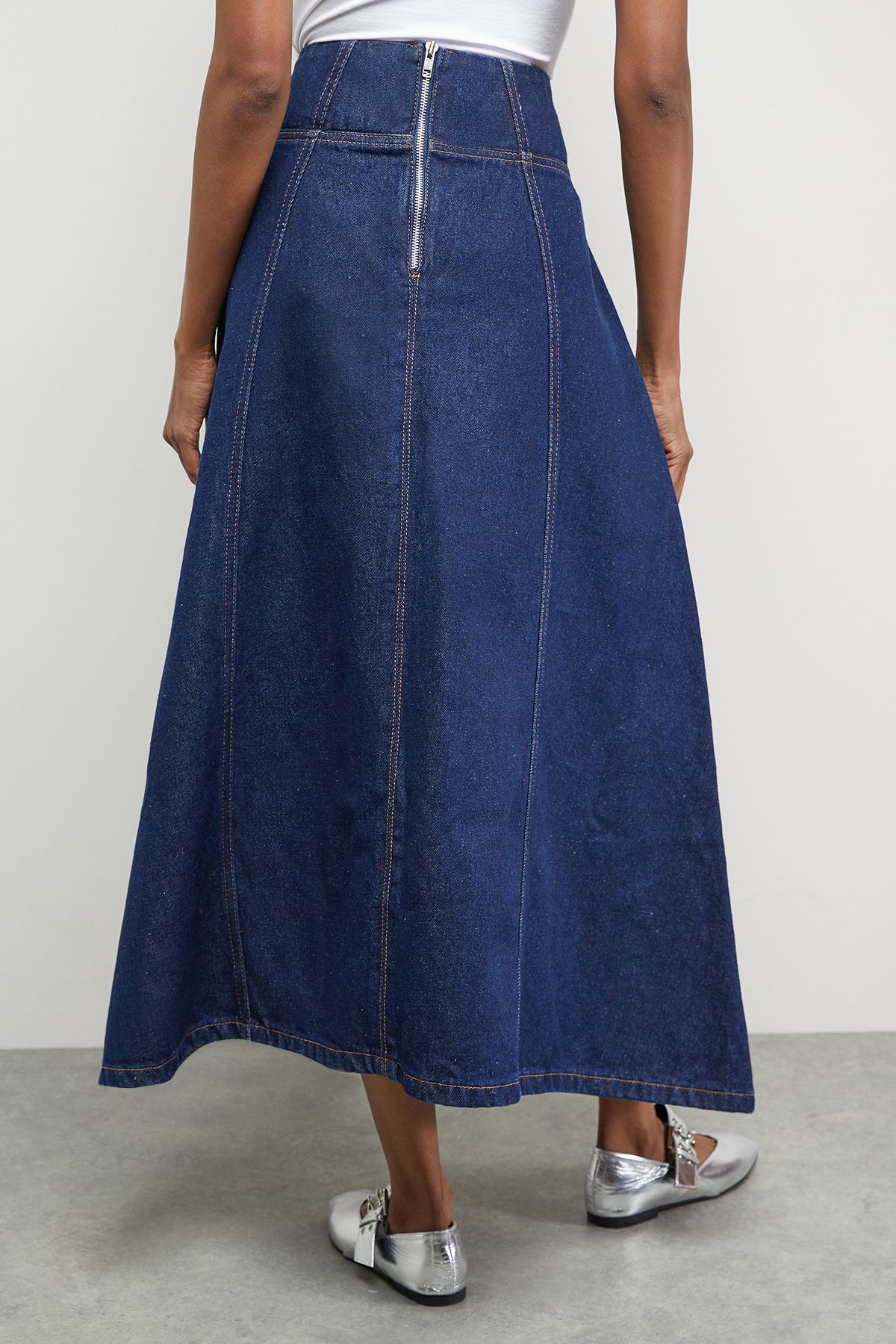 Warehouse Denim Bubble Midi Skirt Dropped Waist Co-ord Indigo image 3
