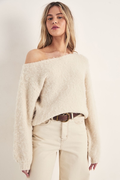 NastyGal Wool Blend Asymmetric Off The Shoulder Knitted Jumper Ecru