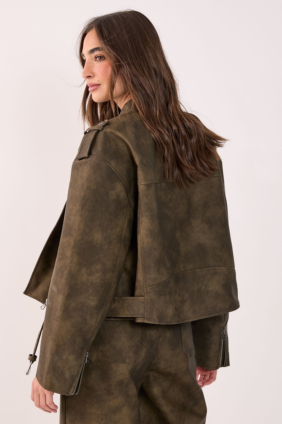 NastyGal Belted Cropped Faux Leather Biker Jacket Olive image 4