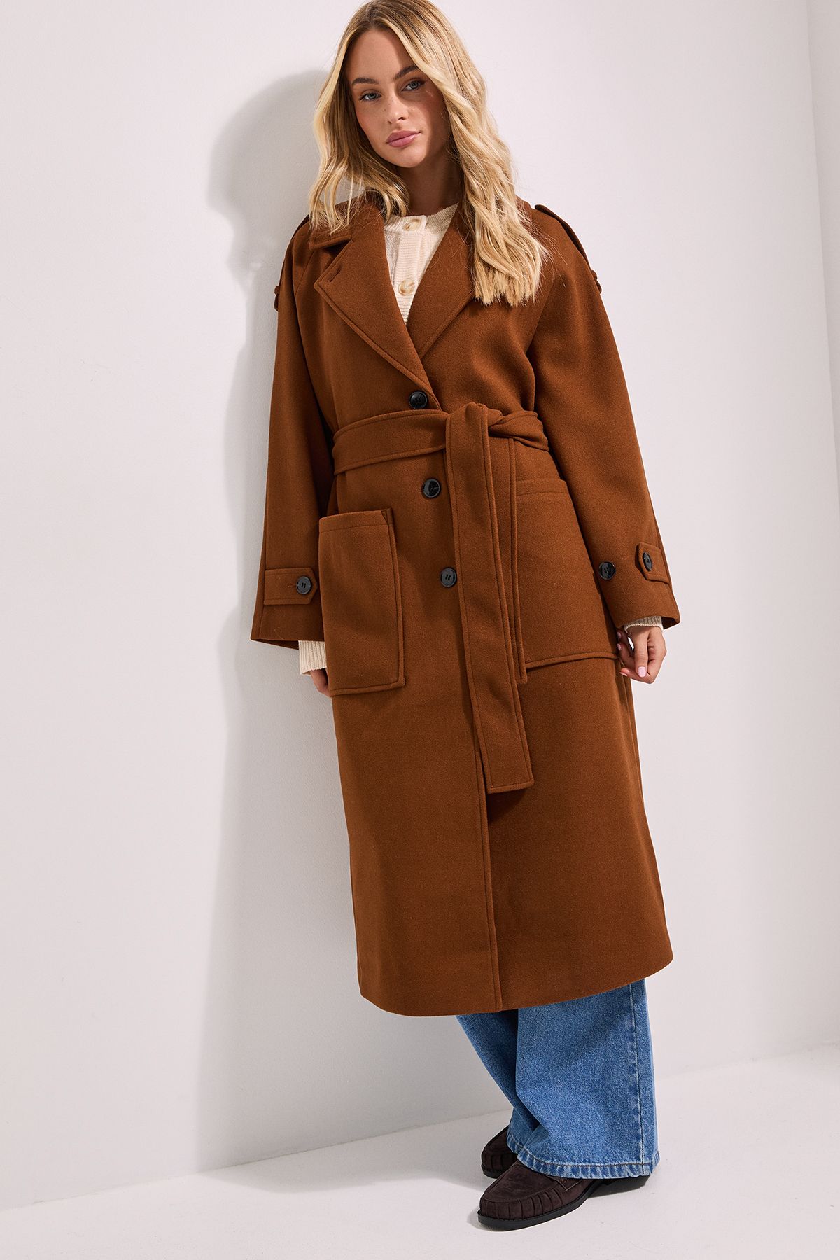 Dorothy Perkins Petite Belted Longline Coat Chocolate image 5