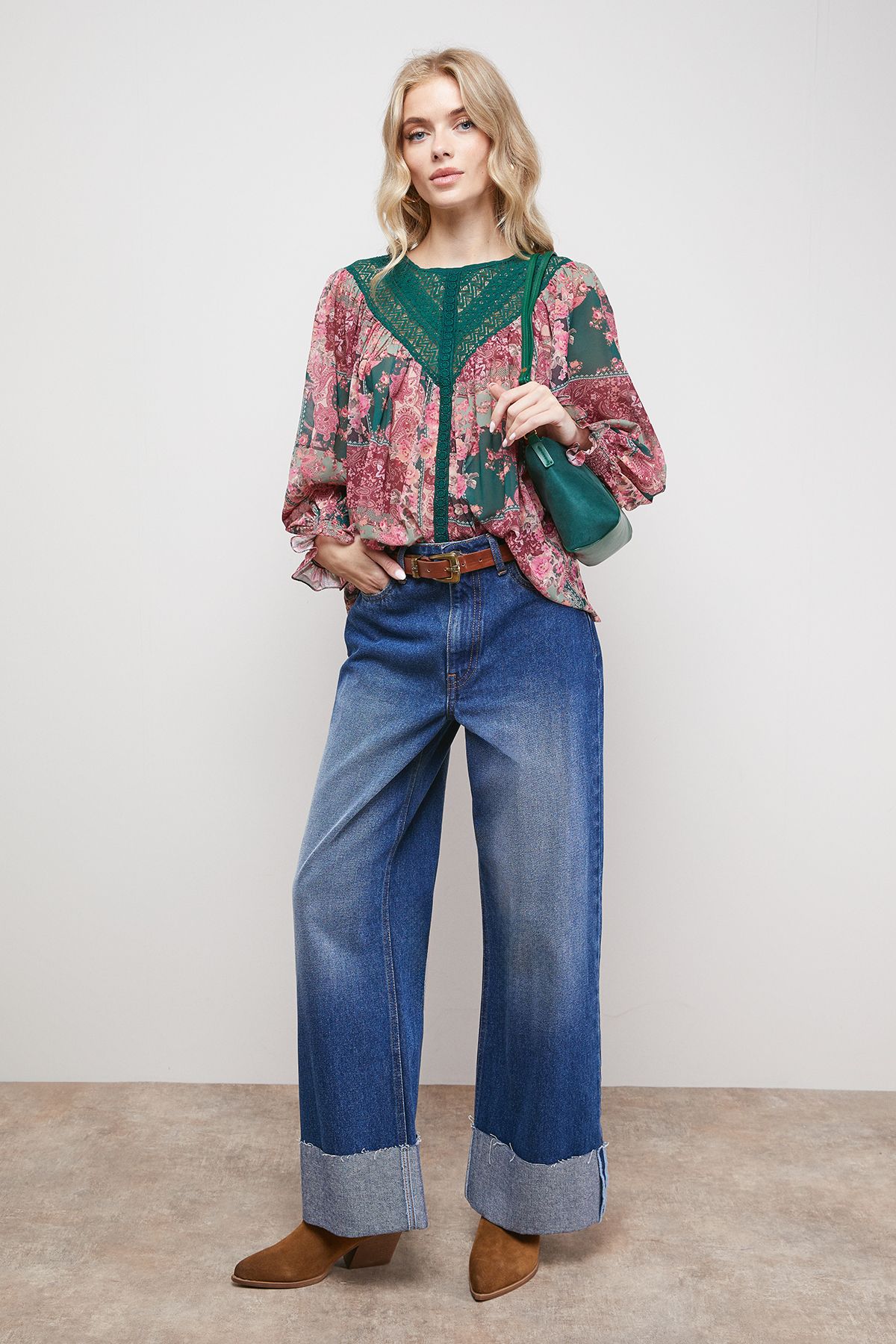 Oasis Printed Lace Yoke Balloon Sleeve Boho Blouse Multi image 2