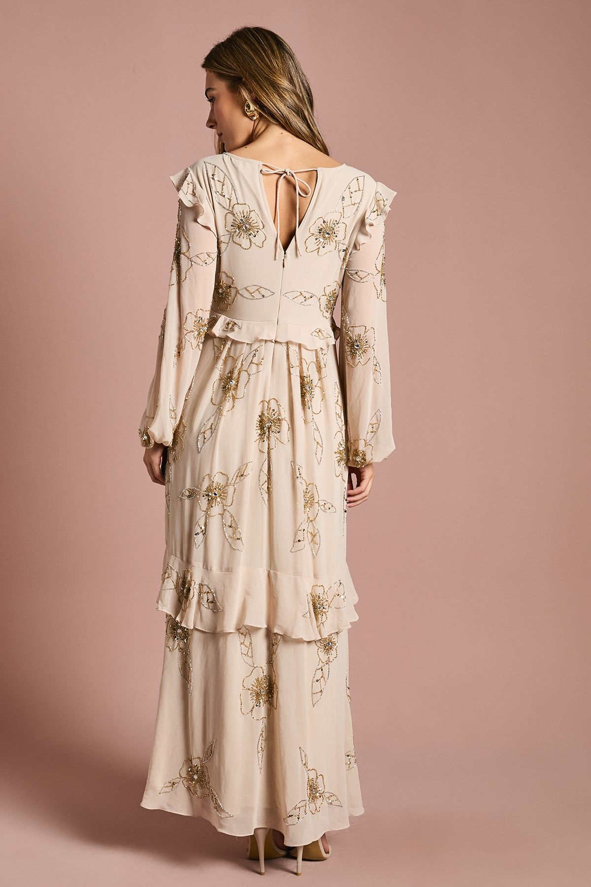 Coast V Neck Embellished Flower Tiered Georgette Midi Dress Ivory image 3