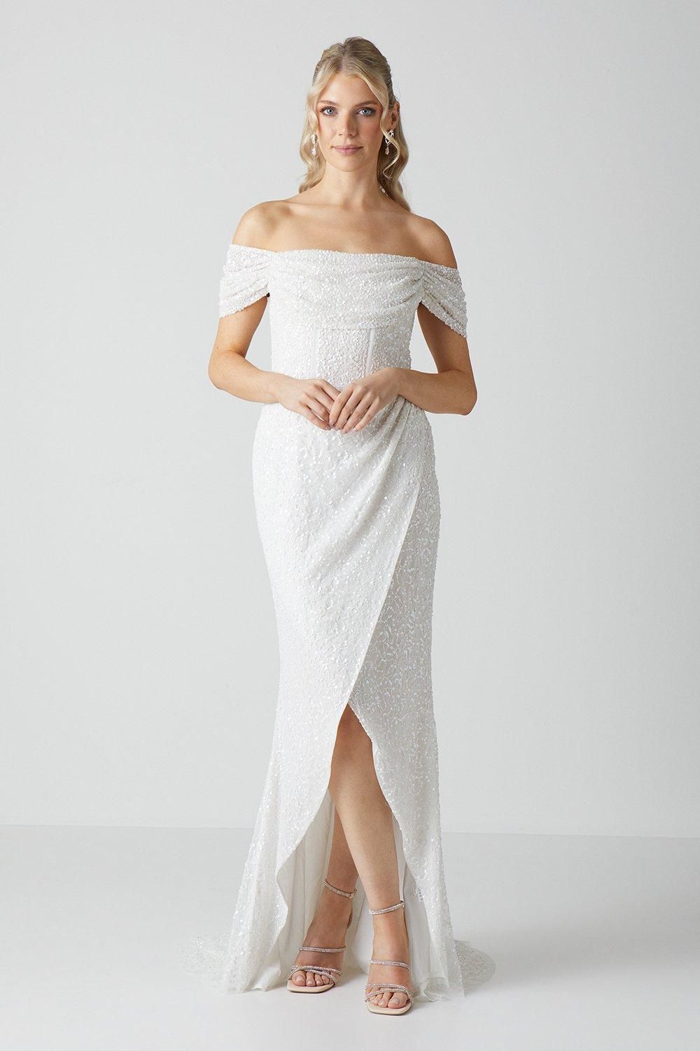 Coast Coast Honoured Sequin Bardot  Wrap Skirt Wedding Dress Ivory image 1