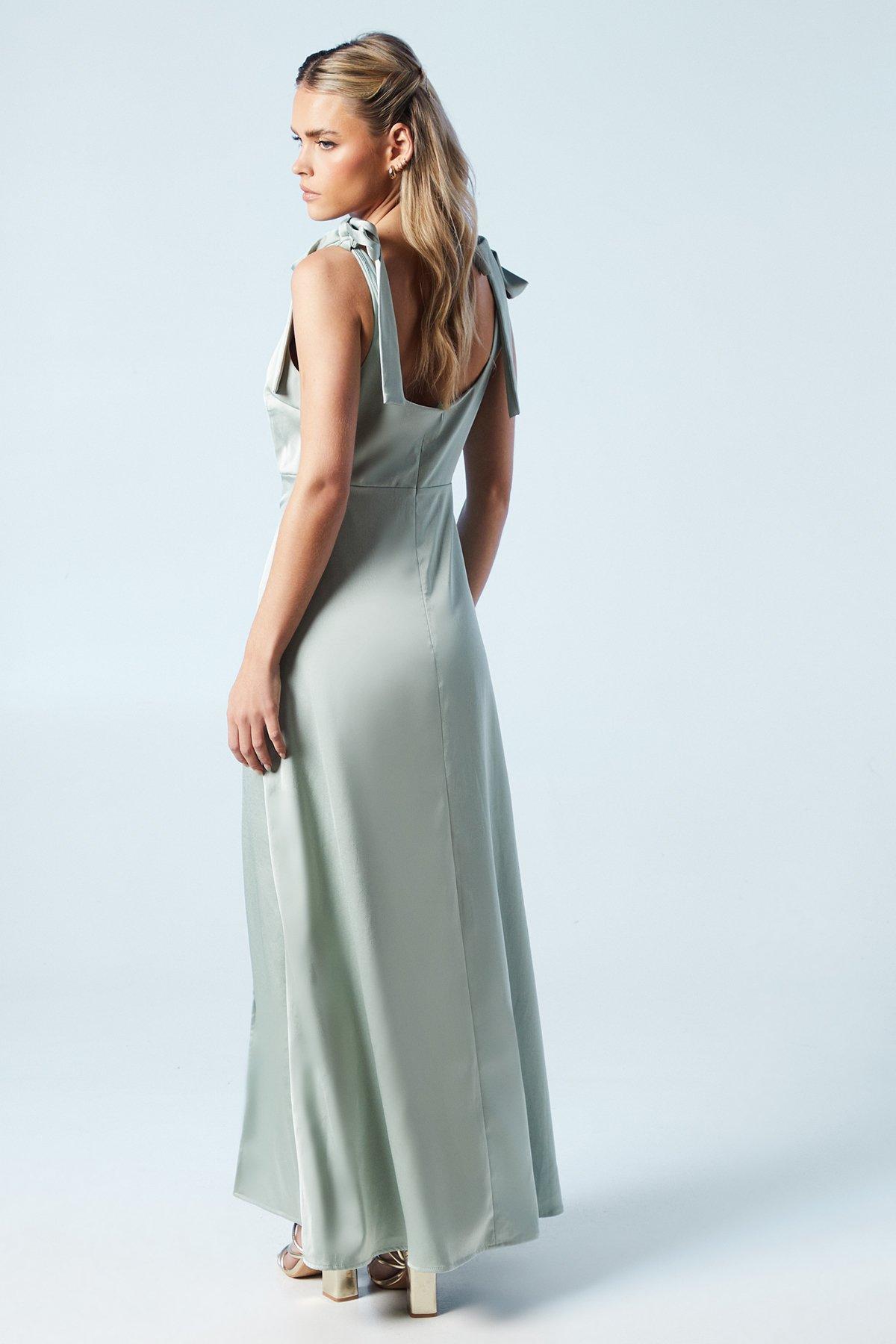Oasis Petite Satin Tie Shoulder Midi Bridesmaids Dress Sage image 3