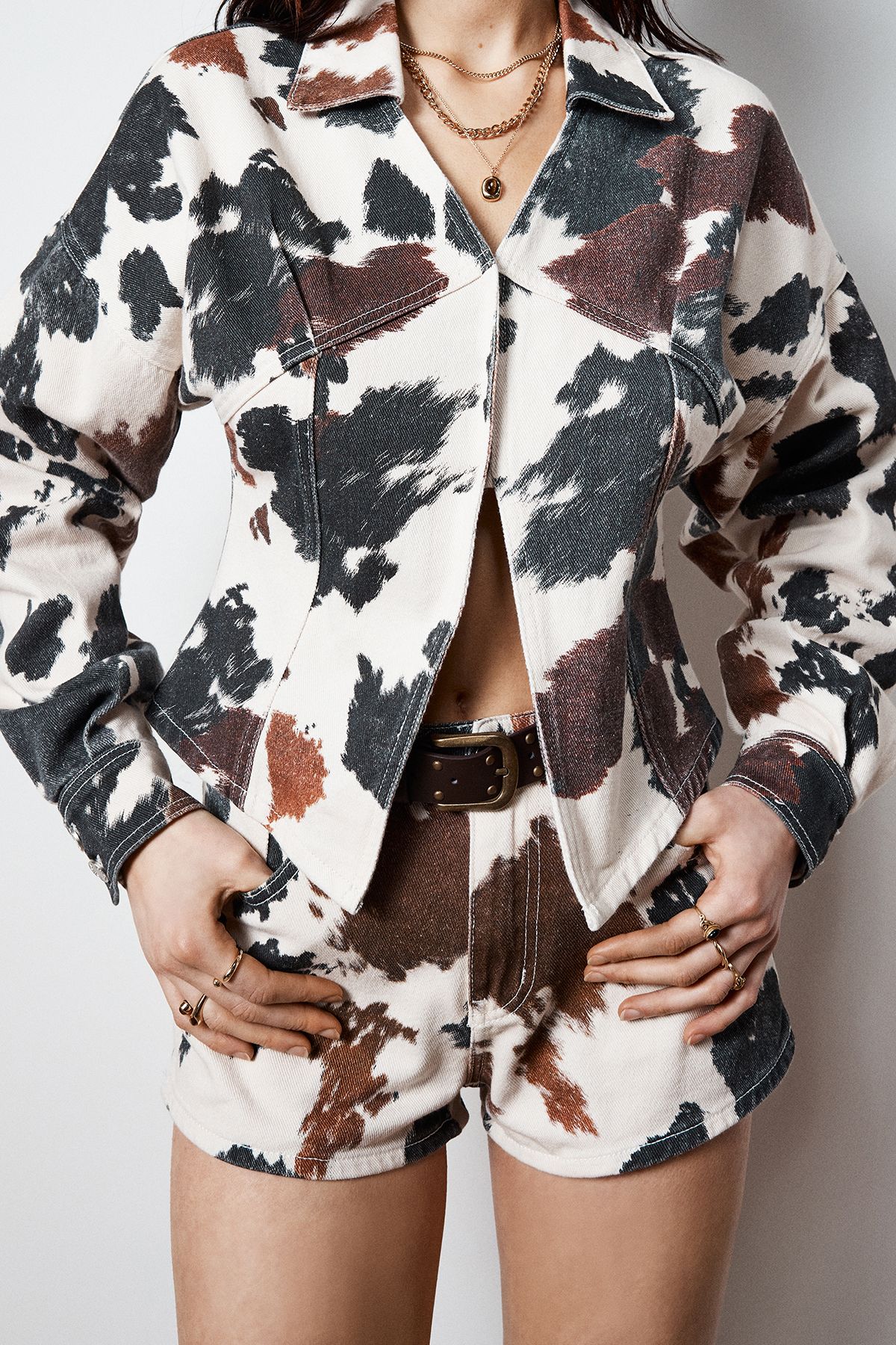 NastyGal Cow Print Denim Corset Shirt Off White image 4