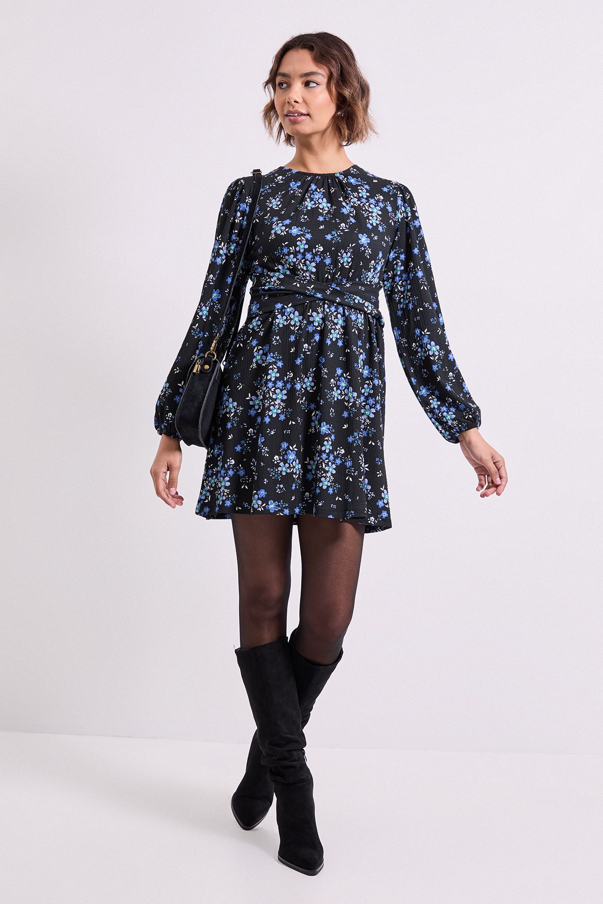 Dorothy Perkins Floral Knot Waist Detail Jersey Mini Dress Blue image 1