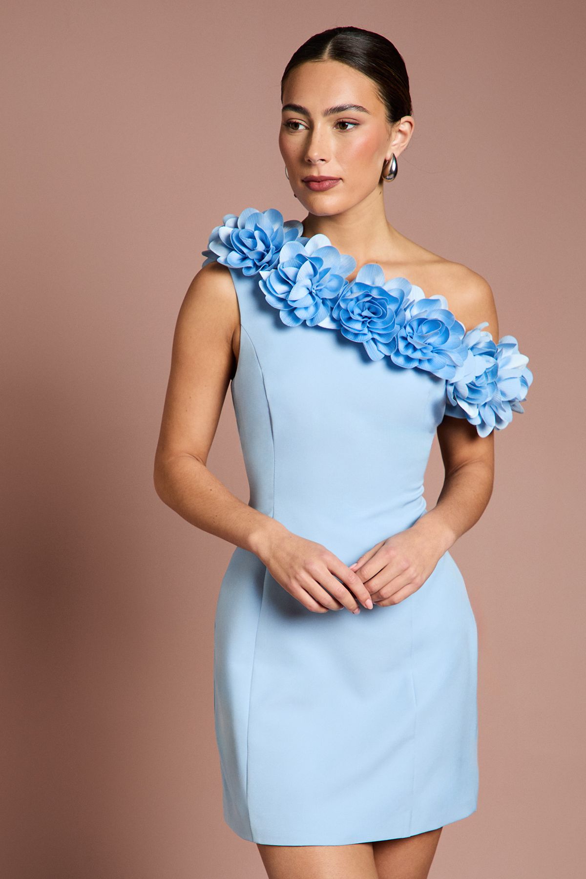 Coast 3D Floral One Shoulder Mini Dress Blue