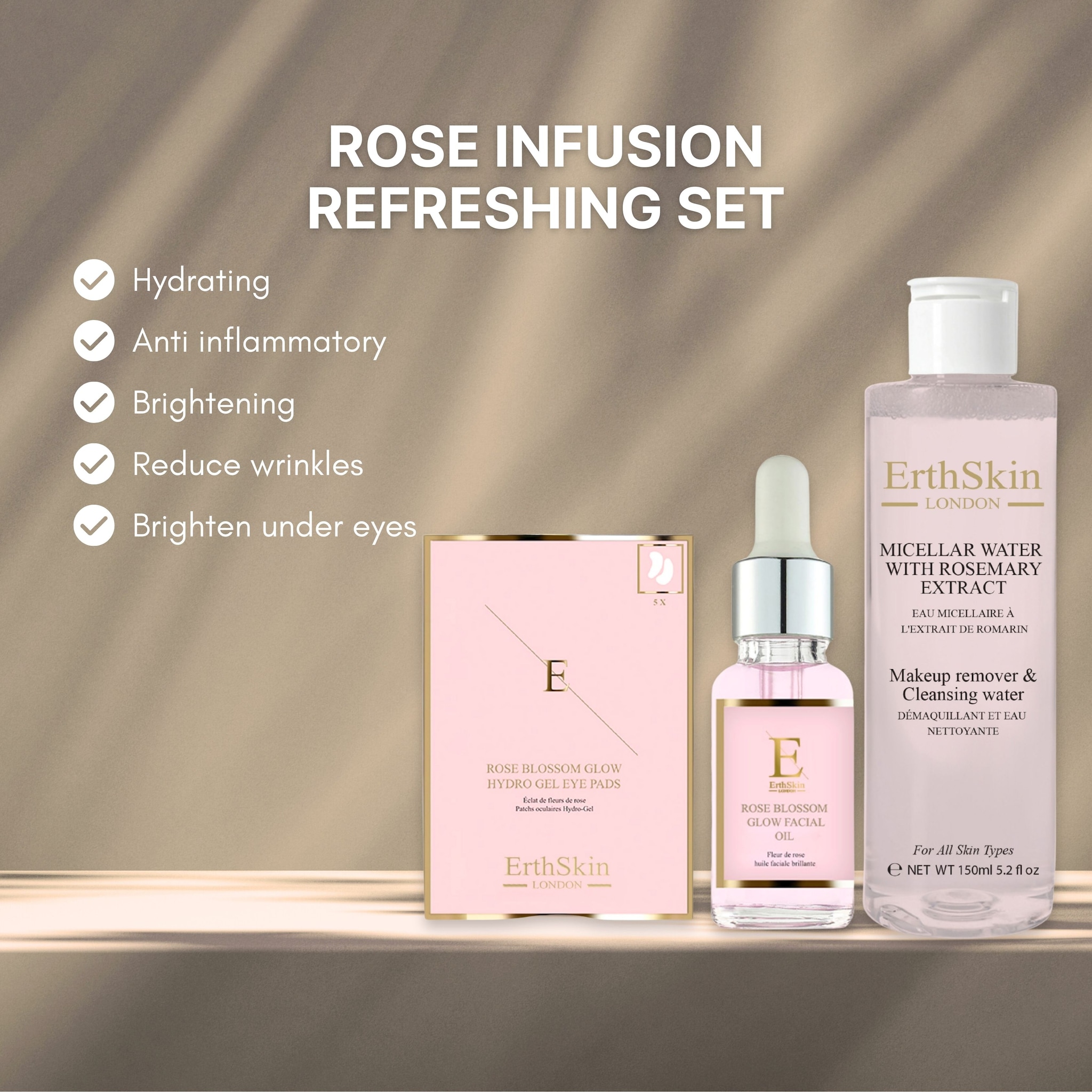 Erth Skin London Rosemary Micellar Water + Rose Glow Oil & Rose Eye Pads image 3