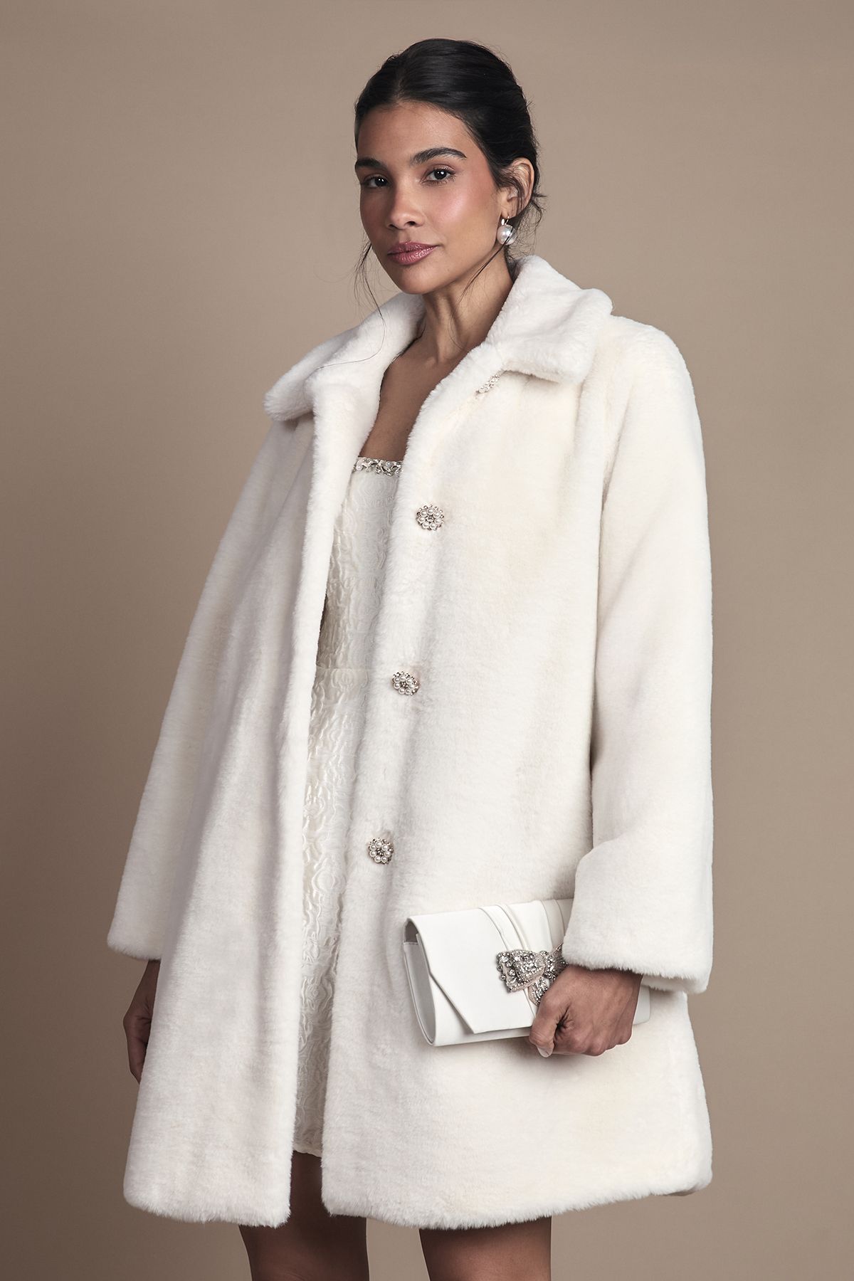 Coast Ivory Diamante Faux Fur Button Through Occasion Coat Ivory image 2