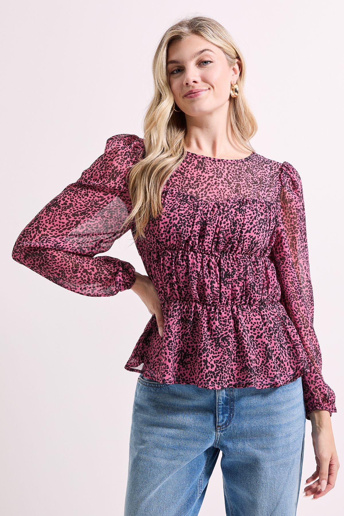 Dorothy Perkins Animal Sheer Yoke Printed Chiffon Shirred Top Animal image 2