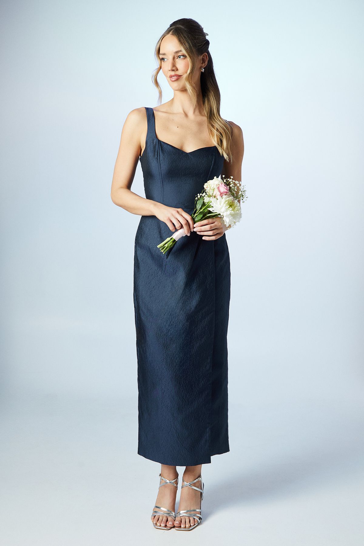 Coast Sweetheart Wrap Over Column Textured Bridesmaid Dress Navy image 1