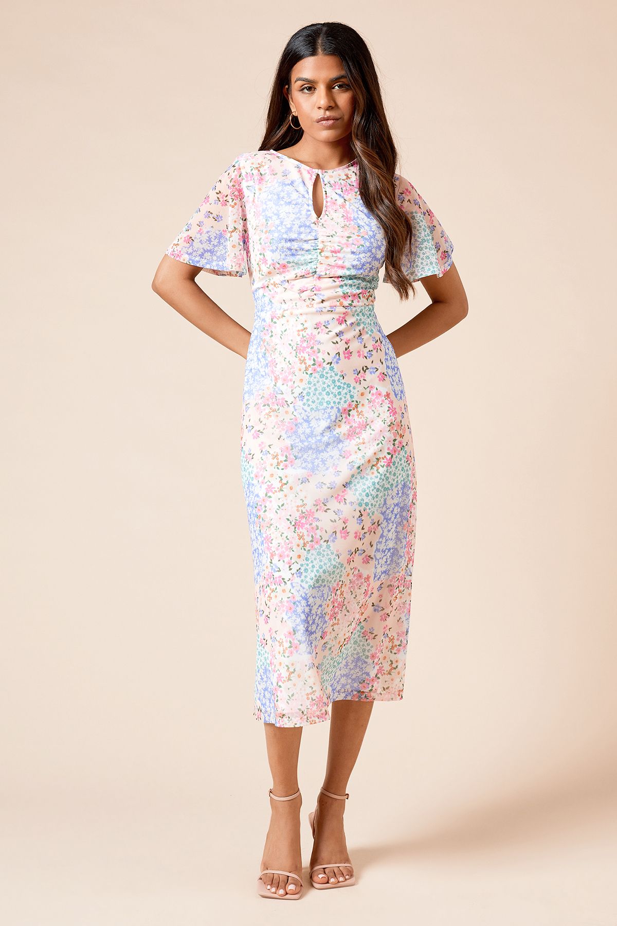 Dorothy Perkins Petite Floral Angel Sleeve Keyhole Mesh Jersey Midi Dress Floral image 1
