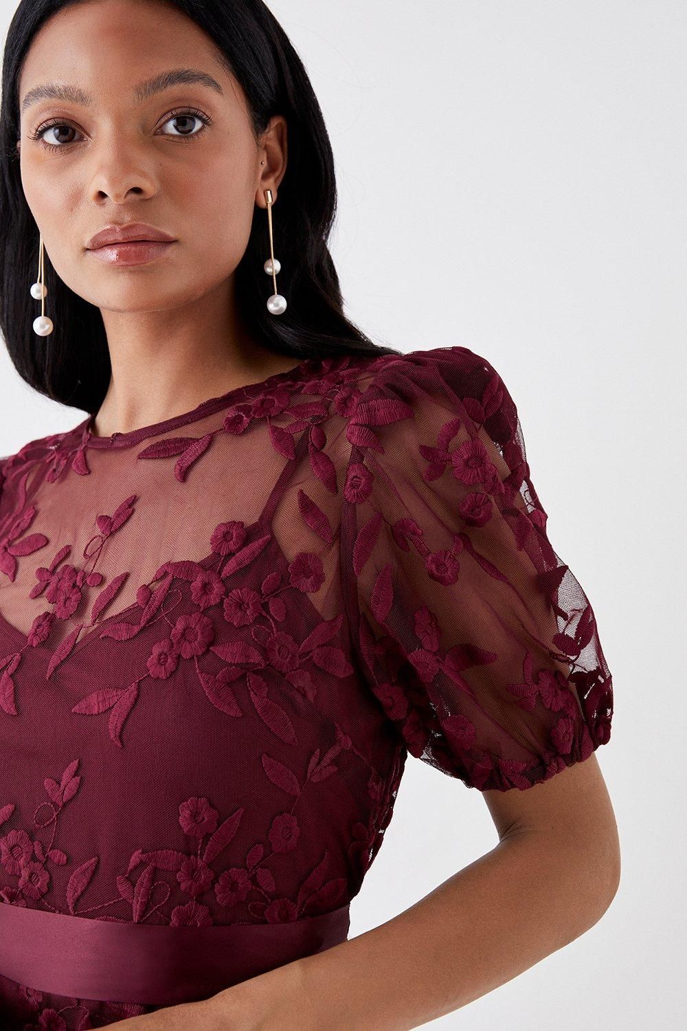 Coast Petite Embroidered Mesh Puff Sleeve Midi Dress Aubergine image 2