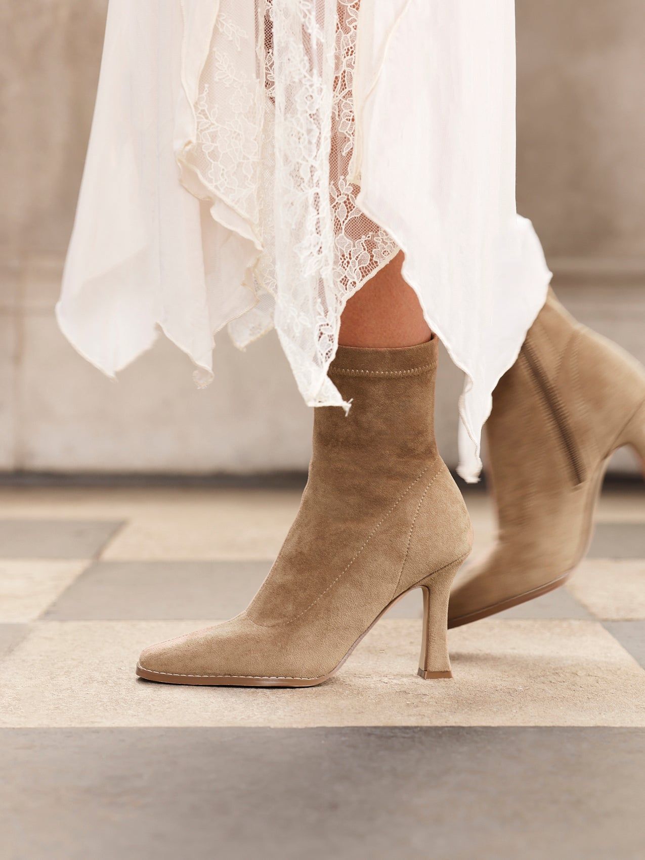 Linzi Noelle Sand Faux Suede Square Toe Heeled Sock Boot image 6