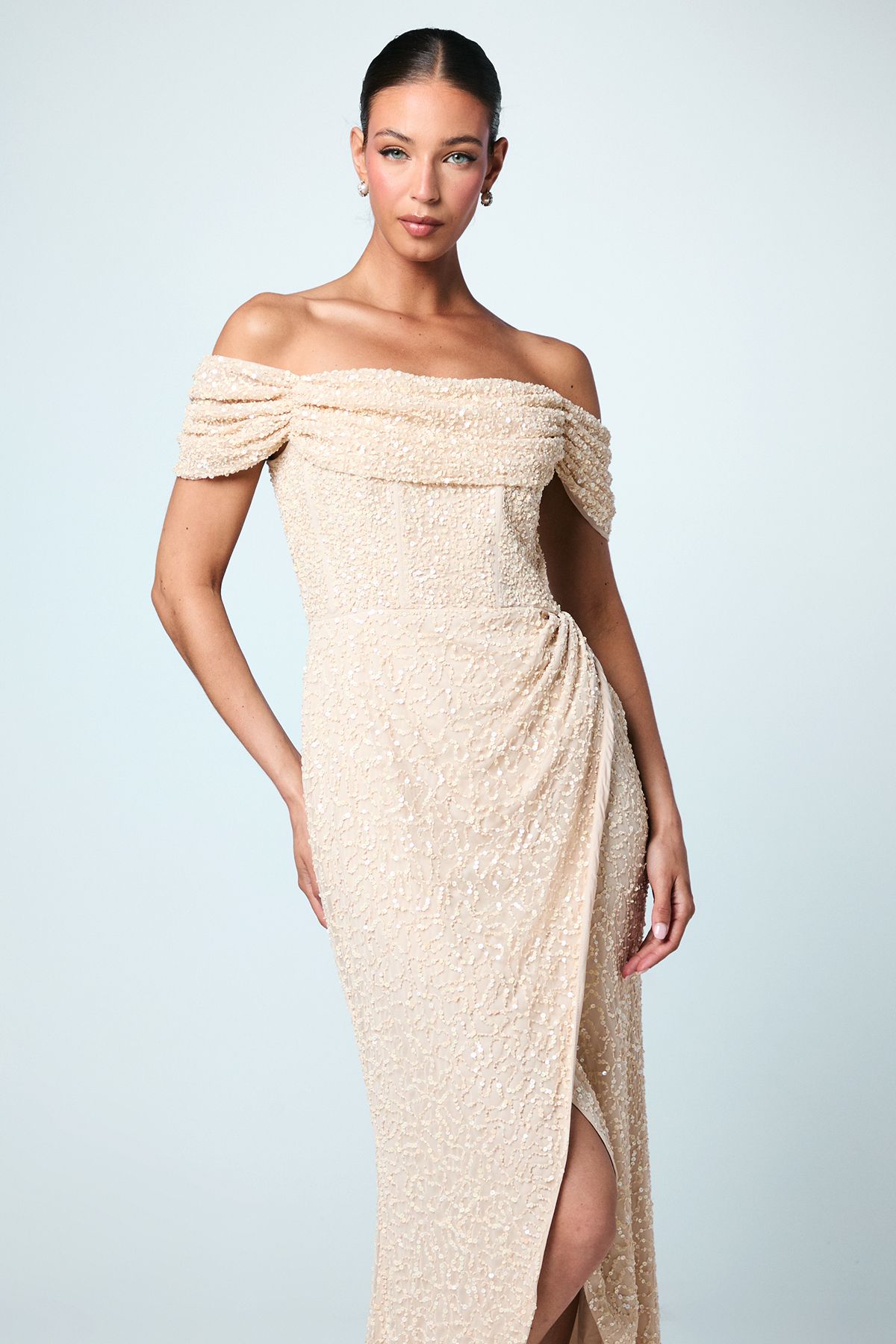 Coast Sequin Bardot Maxi Bridesmaid Dress Champagne image 2