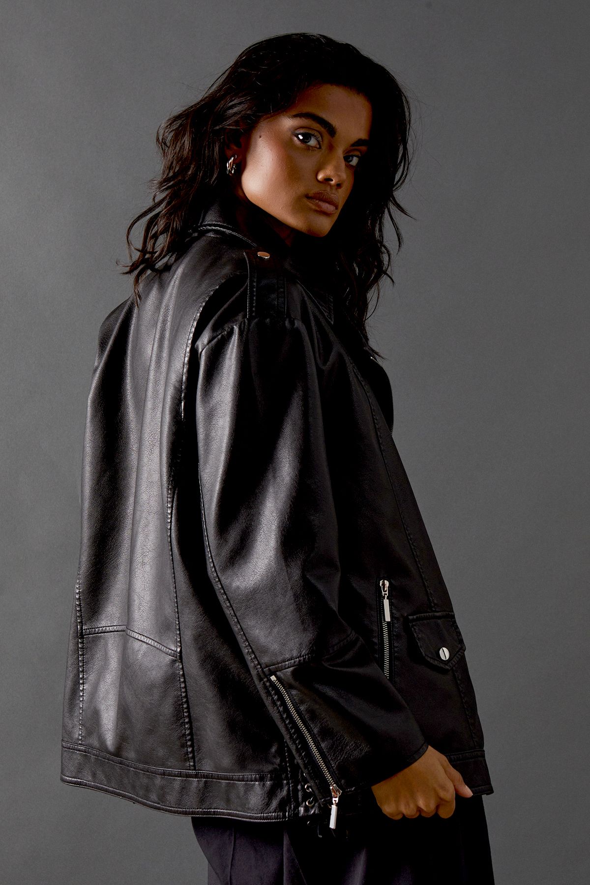 Warehouse Oversized Whipstitch Detail Leather Look Jacket Black image 3
