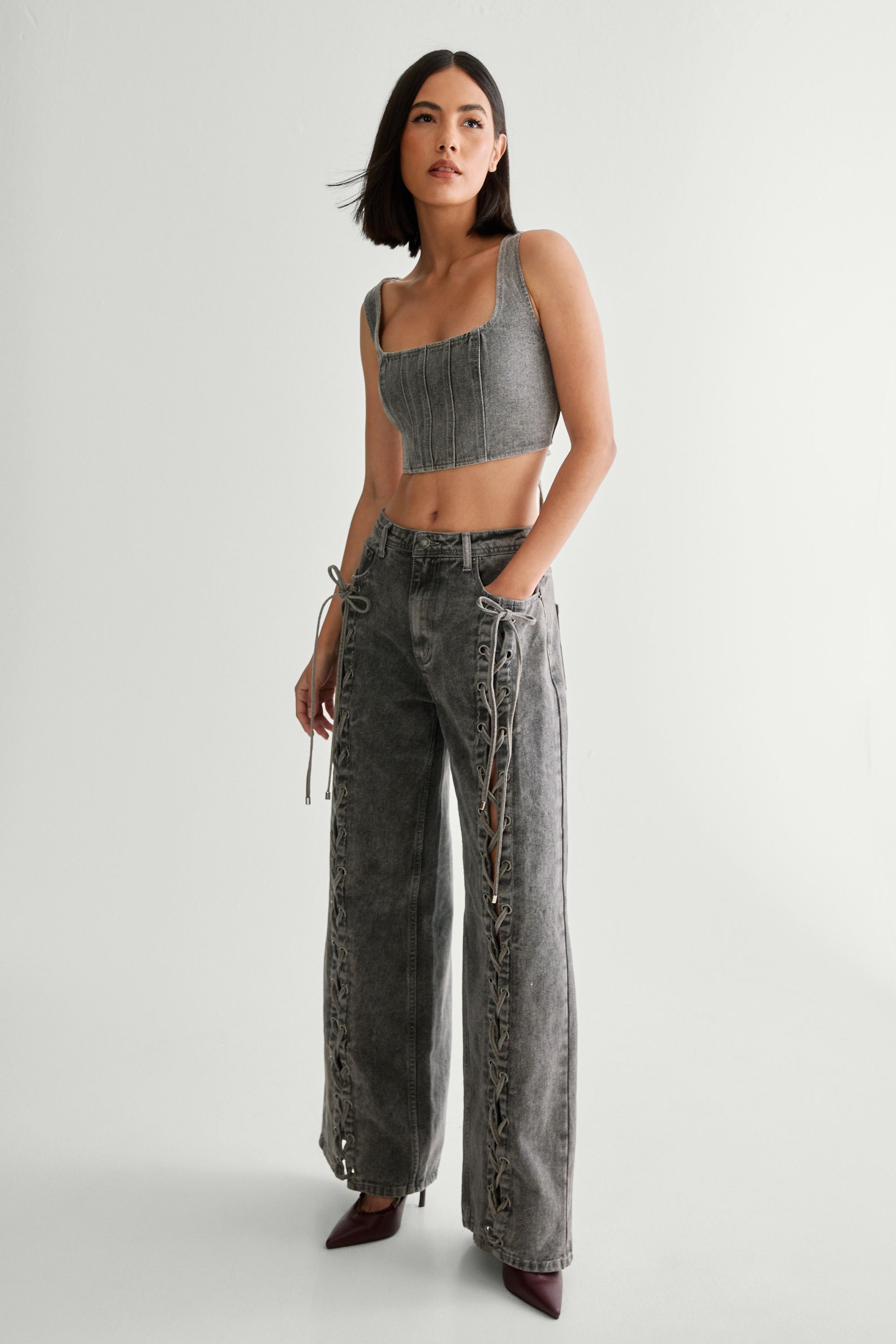 NastyGal Lace Back Detail Denim Corset Top Mid Grey image 3