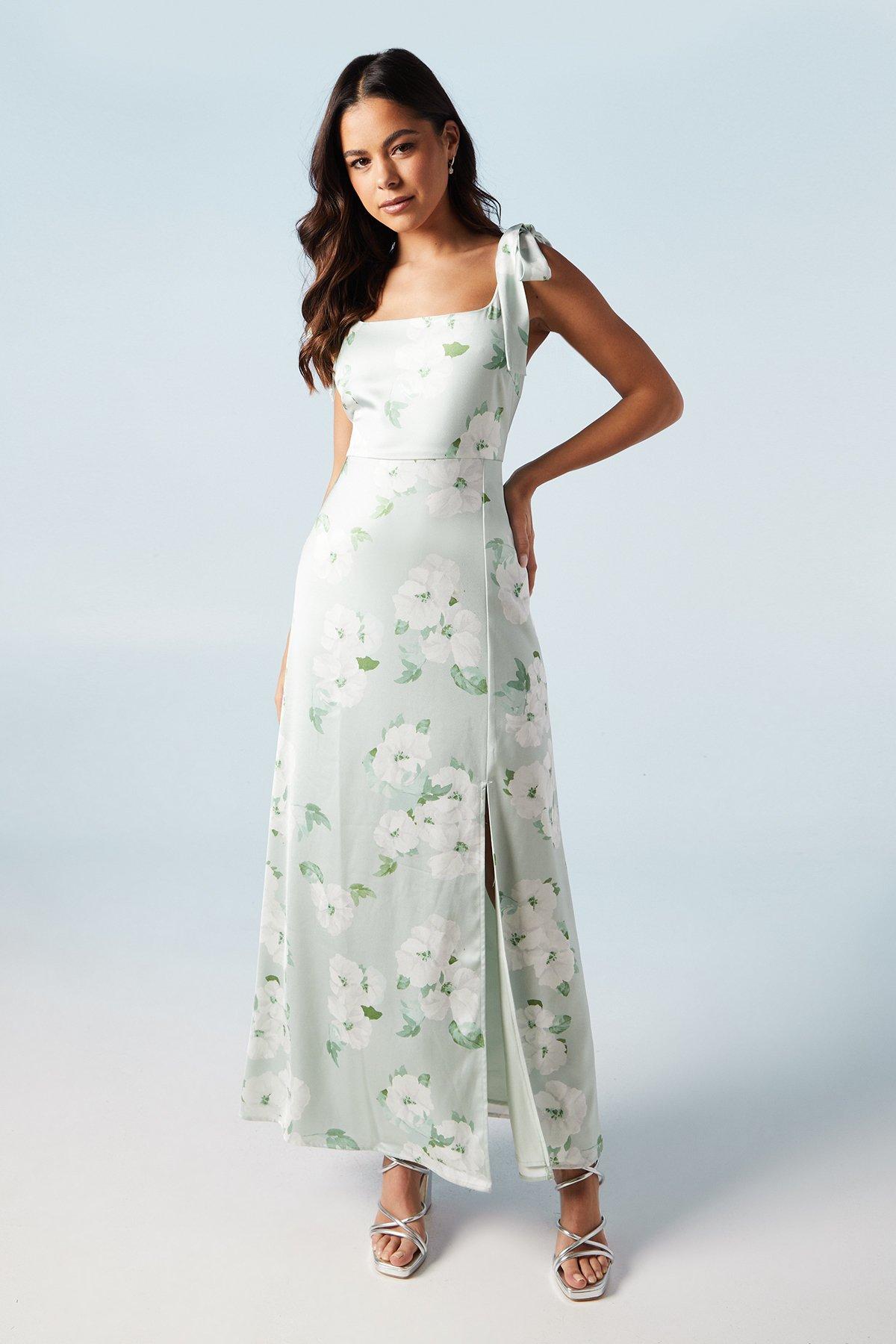 Oasis Sage Posy Satin Tie Shoulder Maxi Bridesmaids Dress Sage image 1
