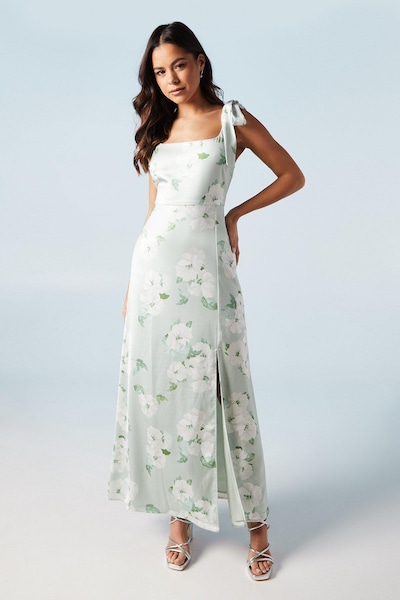 Oasis Sage Posy Satin Tie Shoulder Maxi Bridesmaids Dress Sage