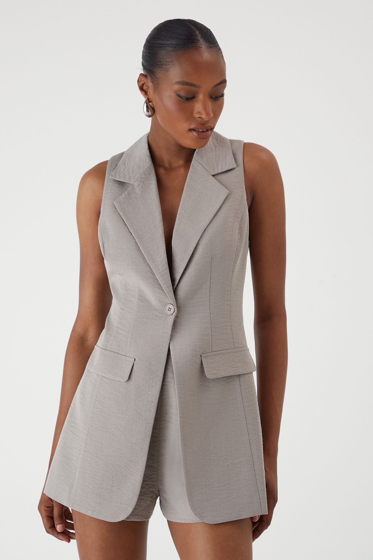 MissPap Linen Look Tailored Blazer Playsuit Taupe image 1