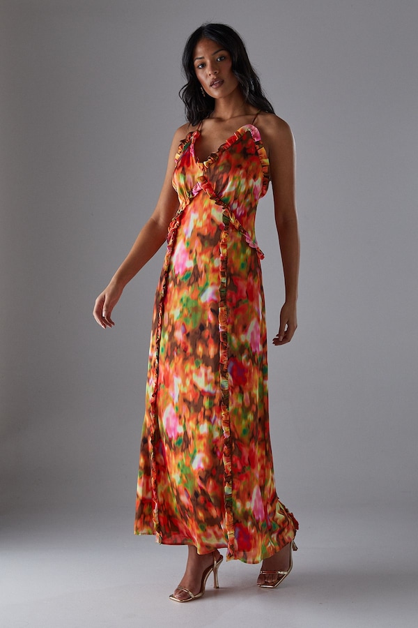 Warehouse Satin Crinkle Ruffle Maxi Sundress Multi