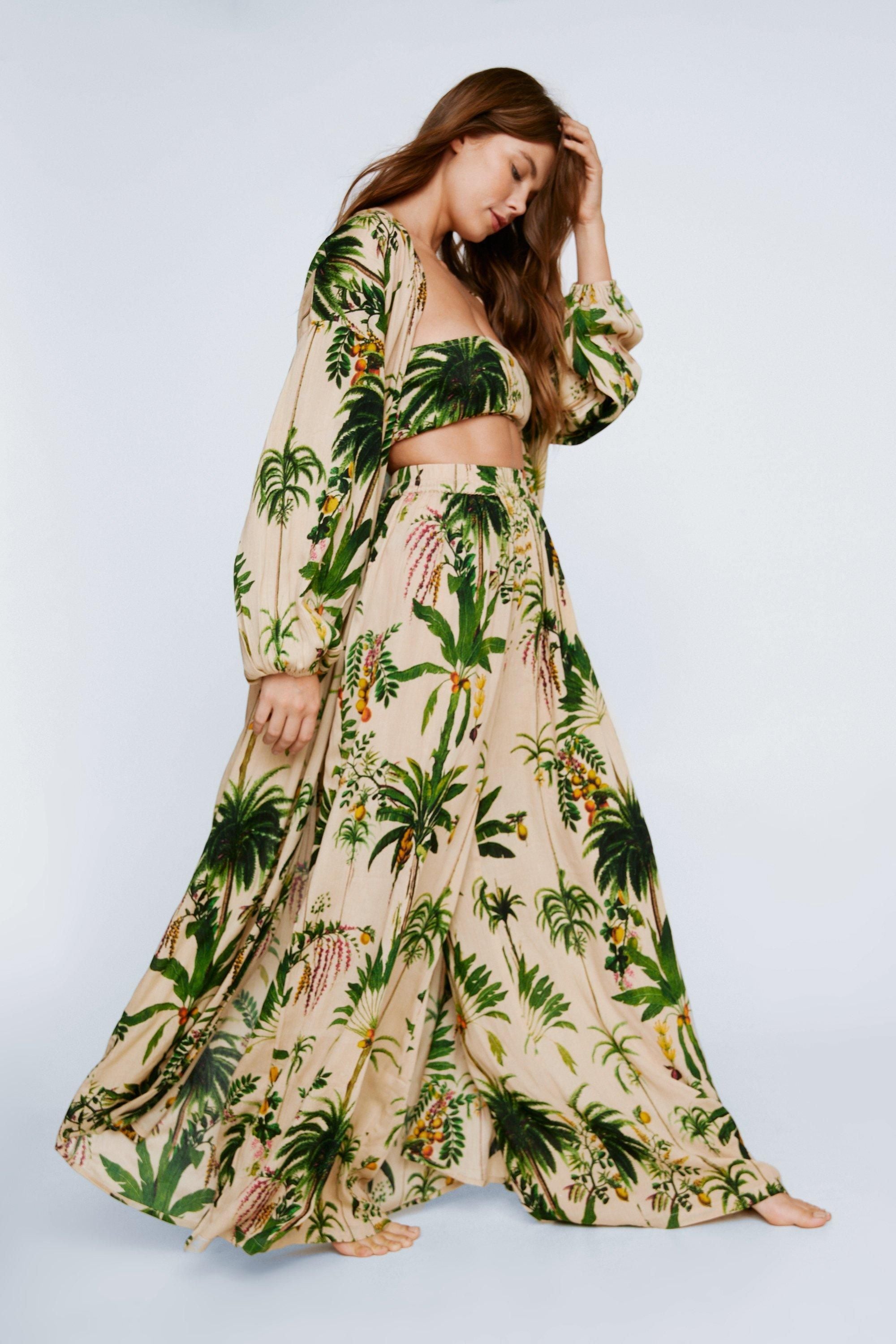 NastyGal Crinkle Palm Tree Bandeau And Maxi Kimono 3pc Pants Set Nude image 2