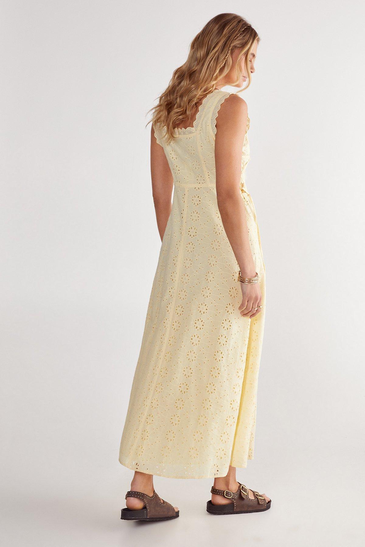 NastyGal Soft Corset Broderie Lace Up Side Midi Dress Lemon image 4