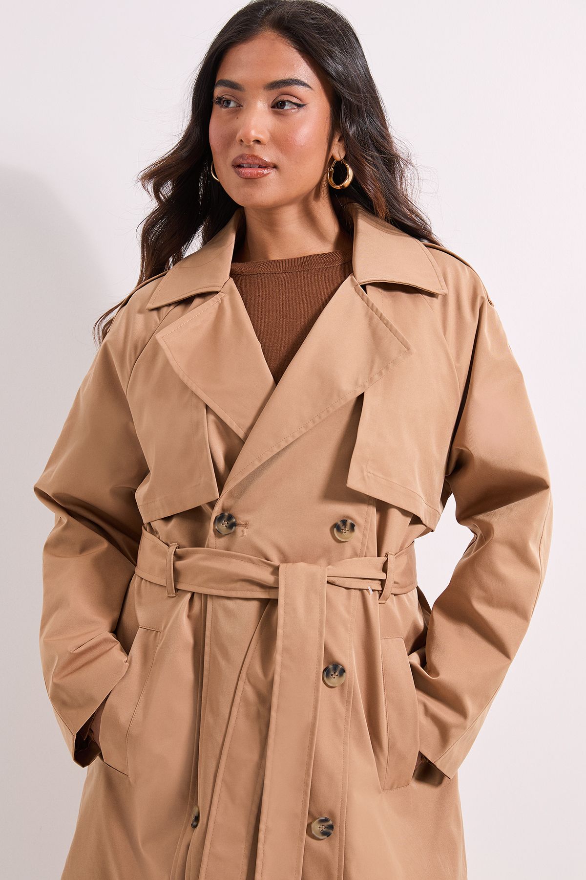 Dorothy Perkins Camel Petite Longline Double Breasted Belted