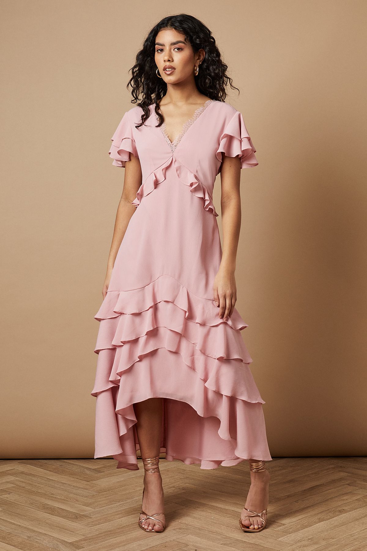 Oasis Petite Plain Ruffle Tiered Lace Midi Dress Mint image 1