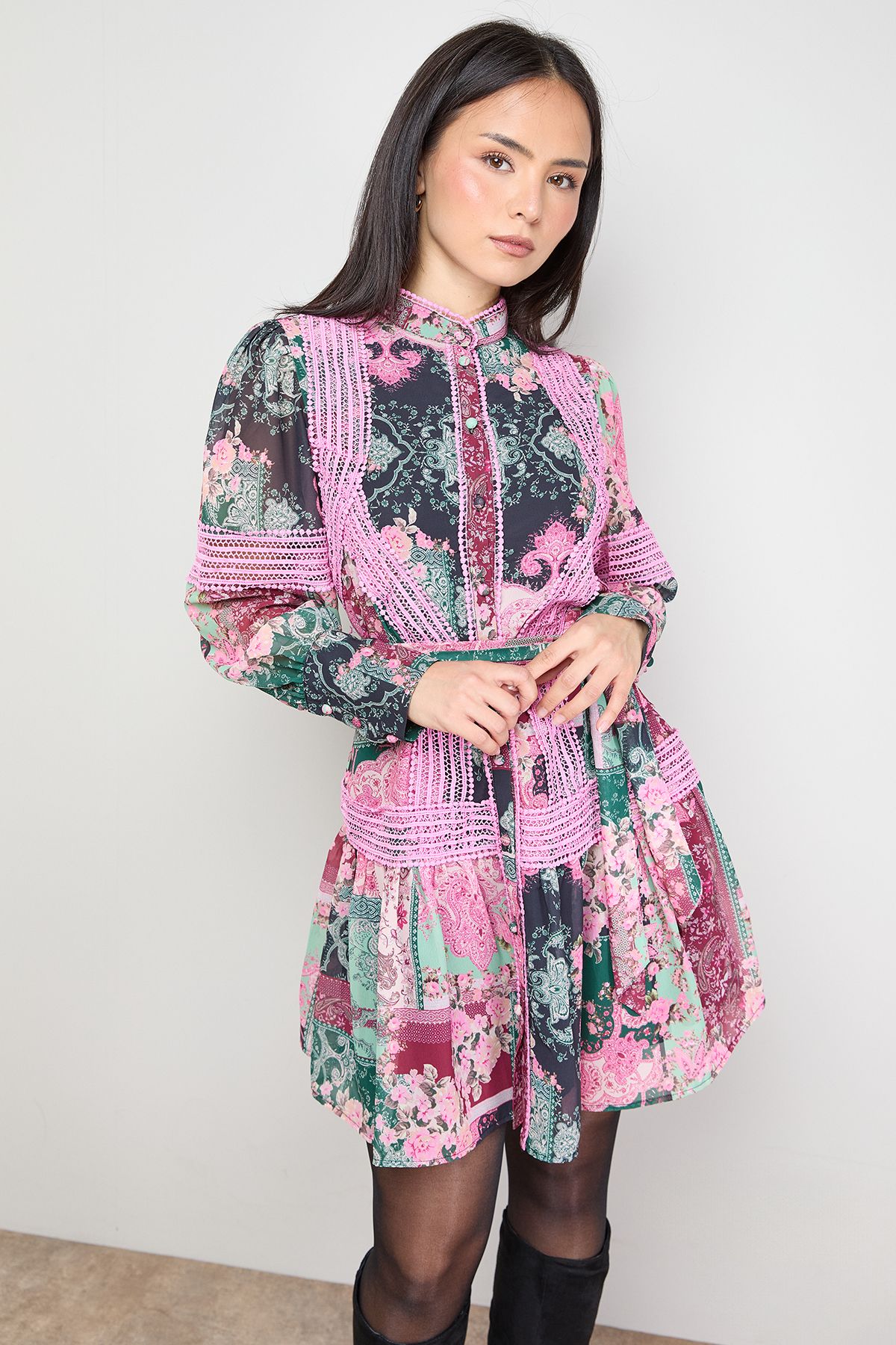 Oasis Petite Printed Lace Detail Button Down Collarless Mini Dress Multi image 1